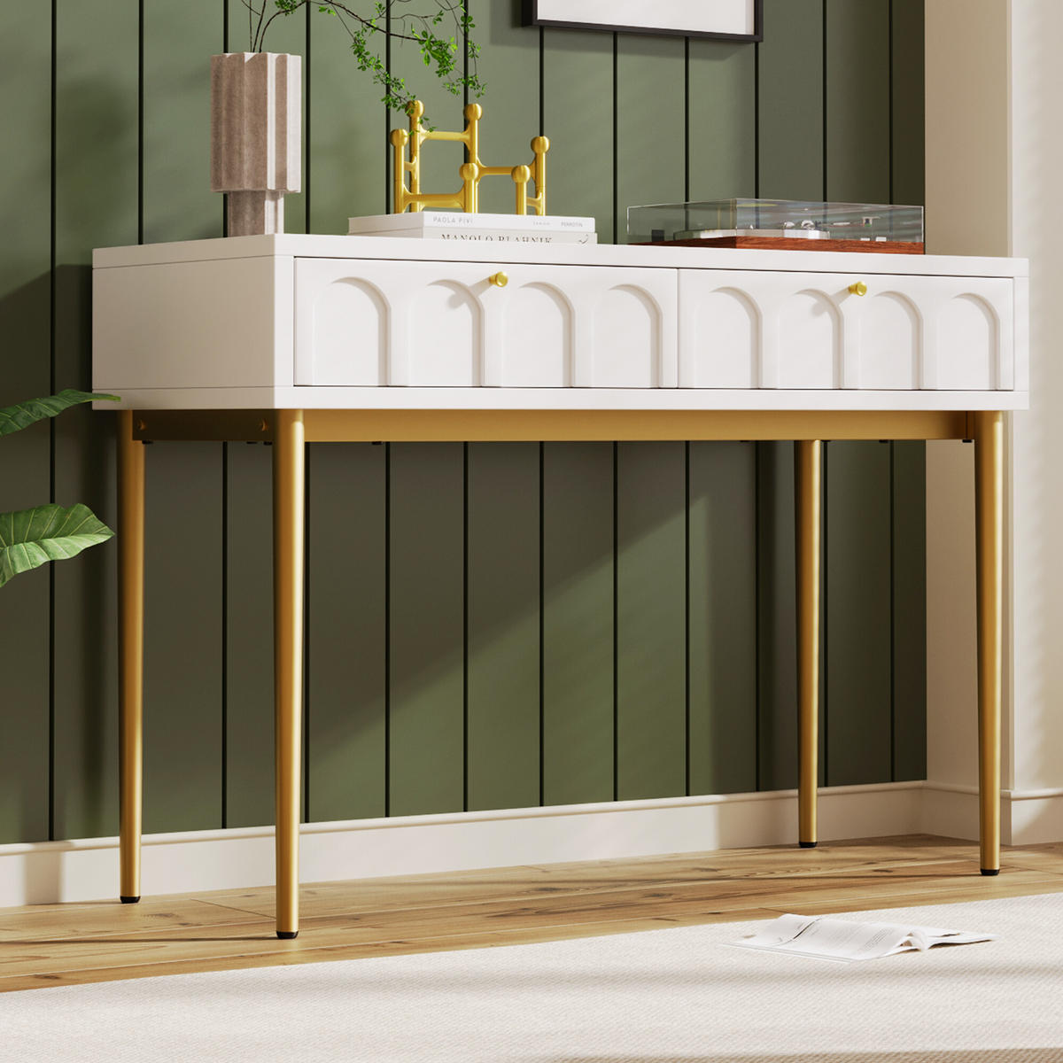 SCHMINKTISCH Cremeweiß und Golden 100/76,5/45 cm - Beige, Holzwerkstoff/Metall (100/76.5/45cm) - Urban Meuble