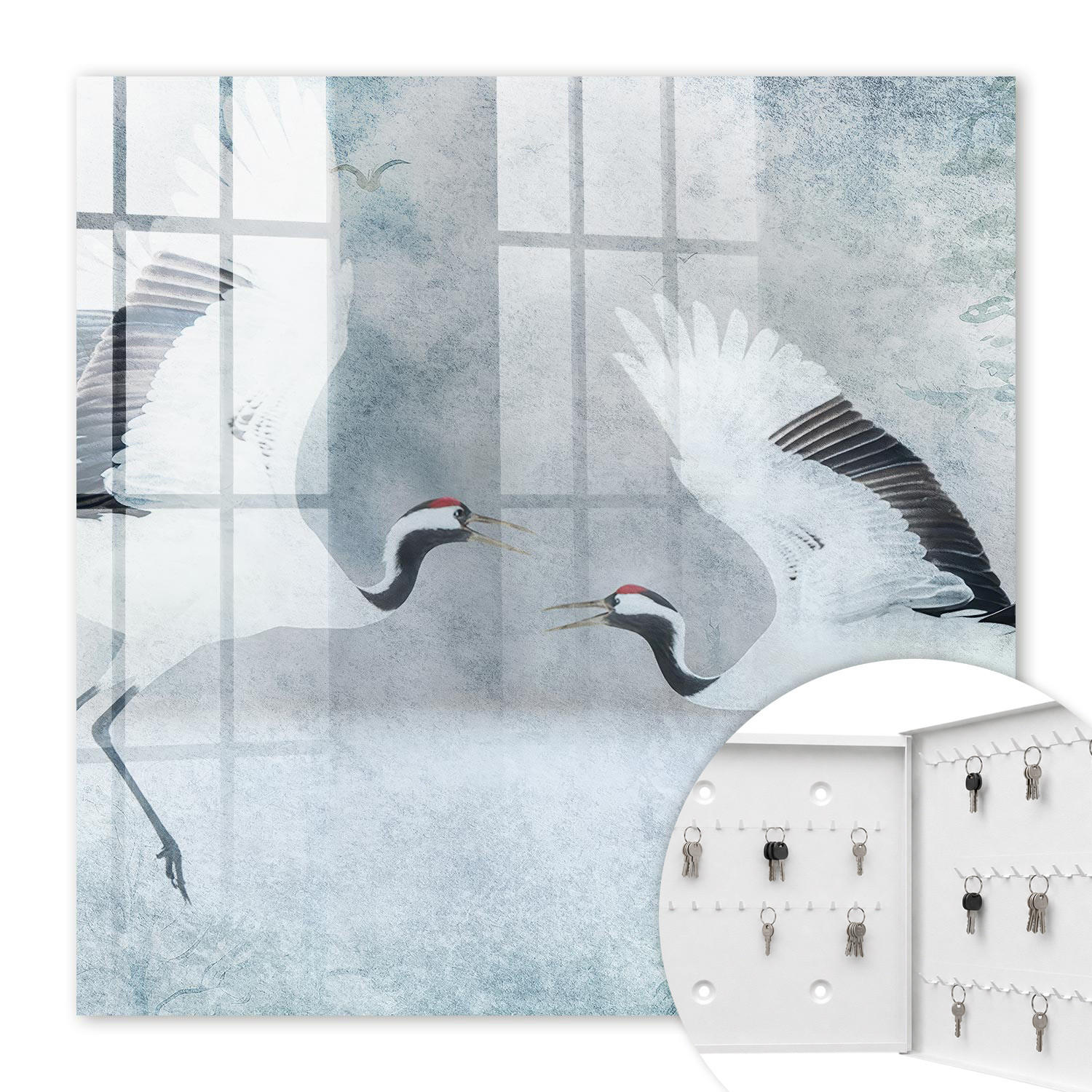 SCHLÜSSELBOX Weiß 30x30 cm – Türöffnung nach rechts - Kraniche im Flug - Weiß, Metall (30/30/5cm) - TULUP