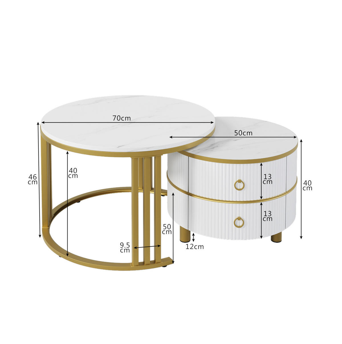 COUCHTISCH-SET 70/70/46 + 50/50/40 cm in Weiß mit Marmordekor und 2 Schubladen - Goldfarben/Weiß, Holzwerkstoff (70/70/46cm) - Flora Grace