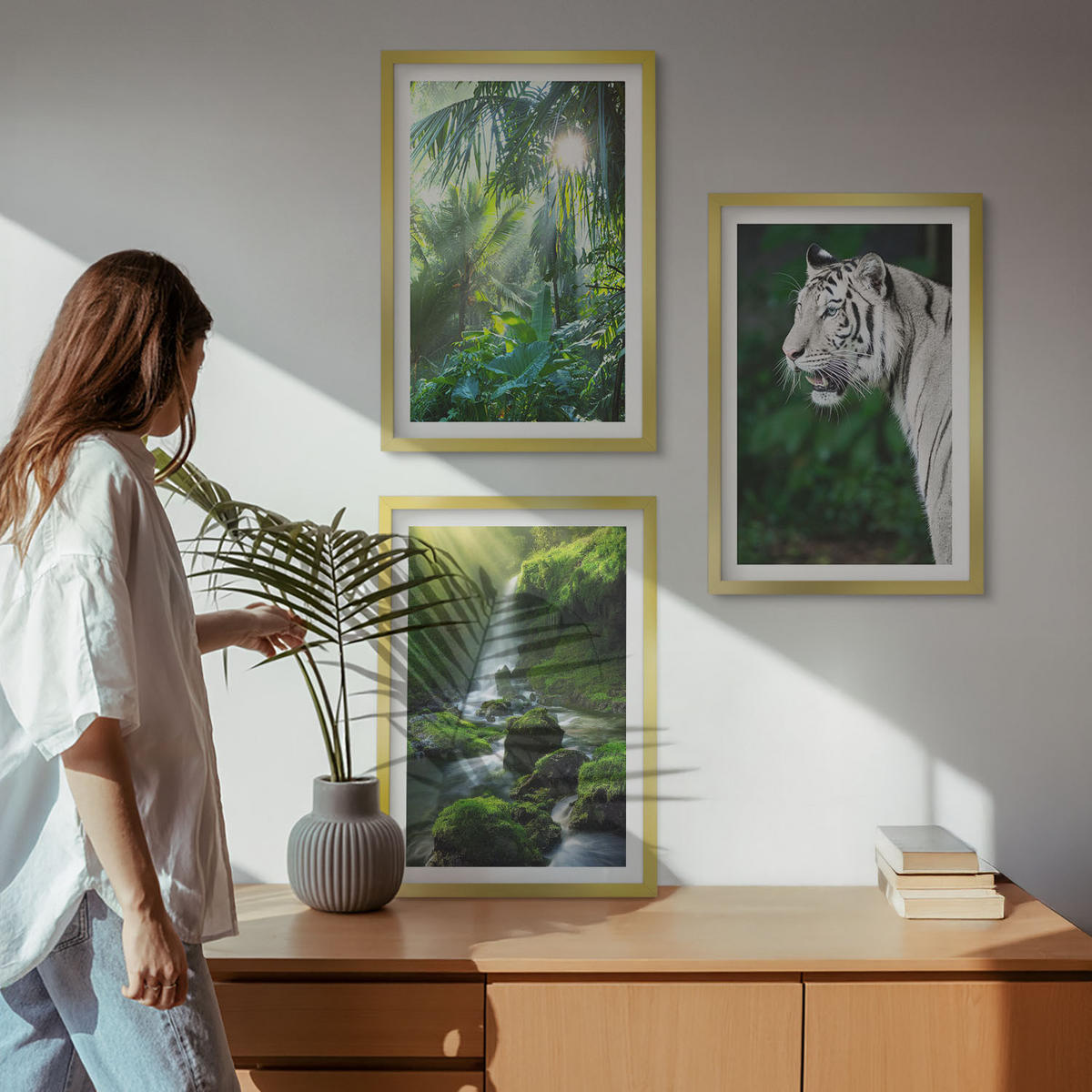 BILDER SET 3er Set - 40x60 cm Goldrahmen - Dschungeltigerwasserfall - Goldfarben, Kunststoff (40/60cm) - TULUP