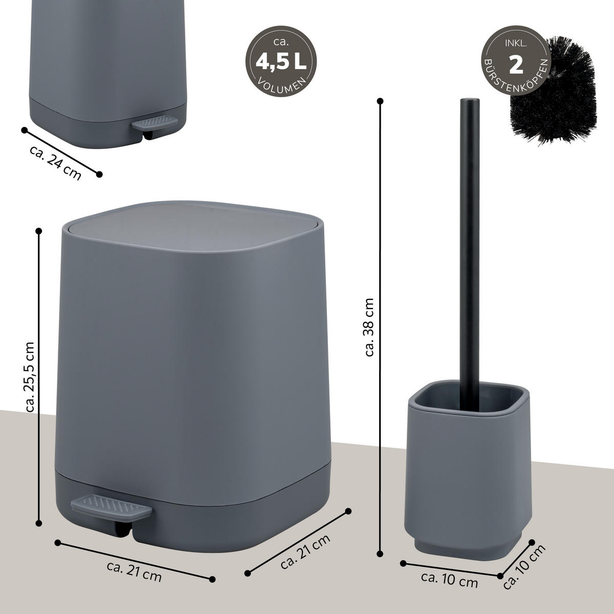 BAD-ACCESSOIRES-SET VALONA 2tlg., grau, Kunststoff - Grau, Kunststoff (21/25.5/21cm) - eluno