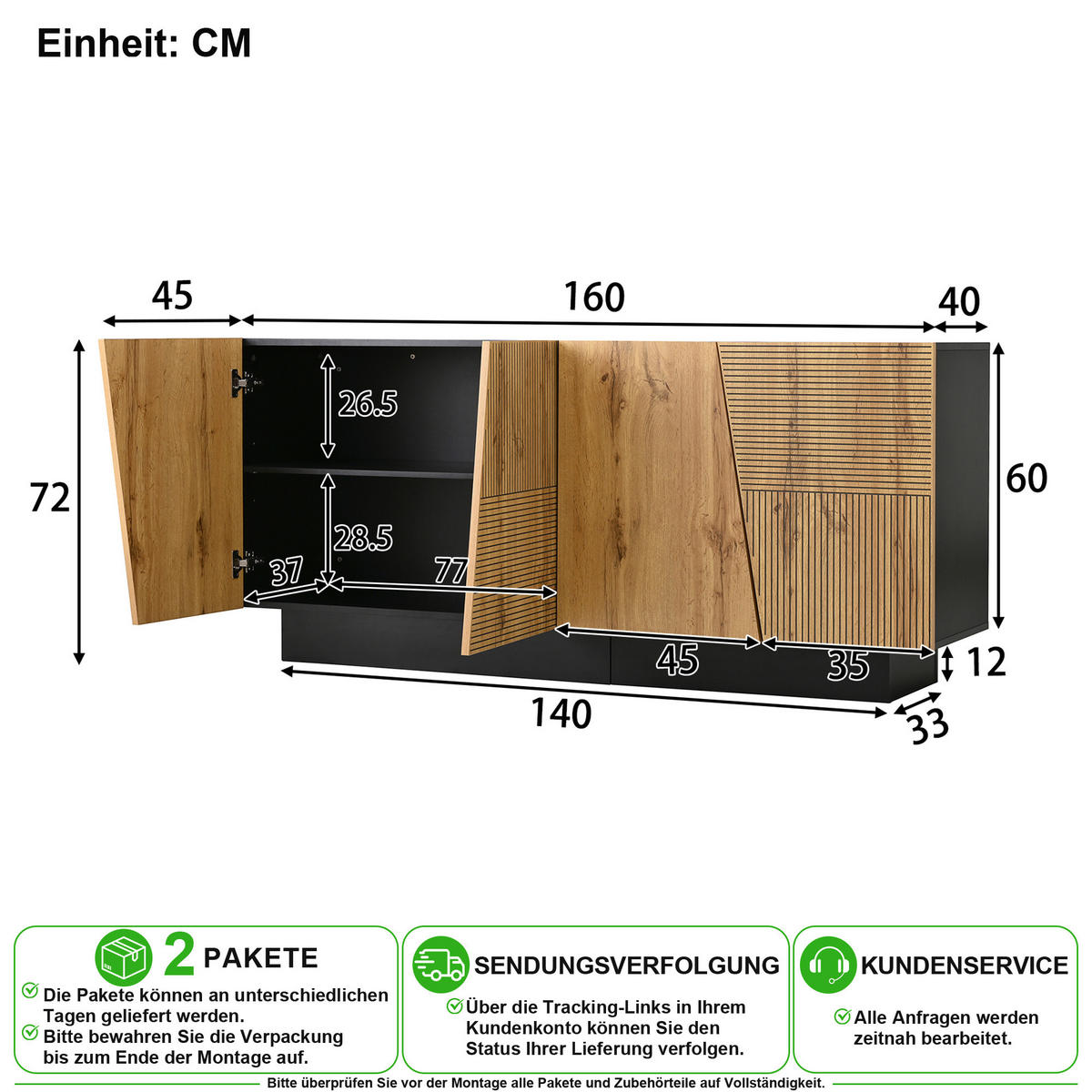 SIDEBOARD in Schwarz-Holzoptik 160/40/72 cm aus Spanplatte mit Türen, verstellbarem Einlegeboden und Stauraum - Schwarz/Naturfarben, Holzwerkstoff/Metall (160/72/40cm) - CHICFURN