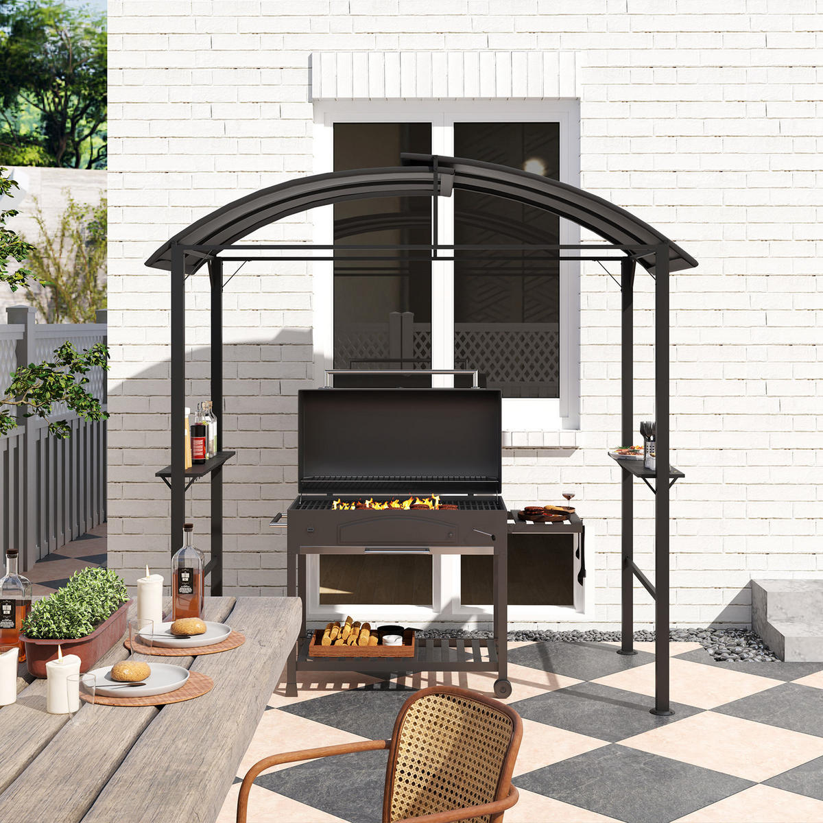 GRILLPAVILLON mit Doppeldach 233 x 110 x 235 cm - Dunkelgrau, Metall (110/235/233cm) - Outsunny