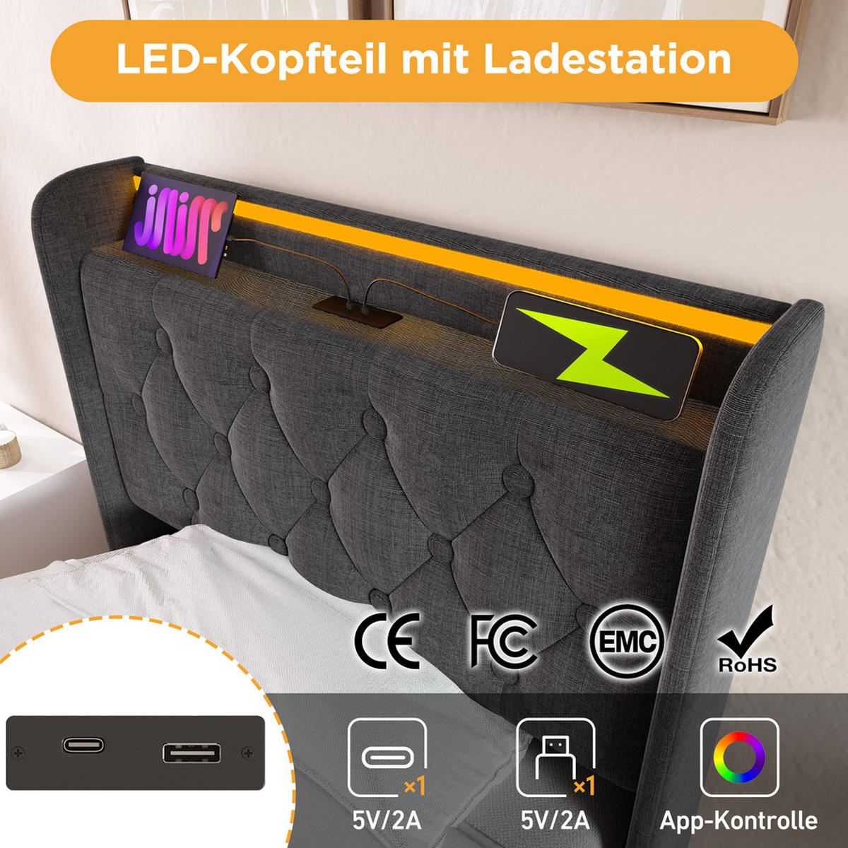 POLSTERBETT 90X200 cm mit LED Kopfteil und USB C Stauraum - Grau, Holz (90/200cm) - FLIEKS