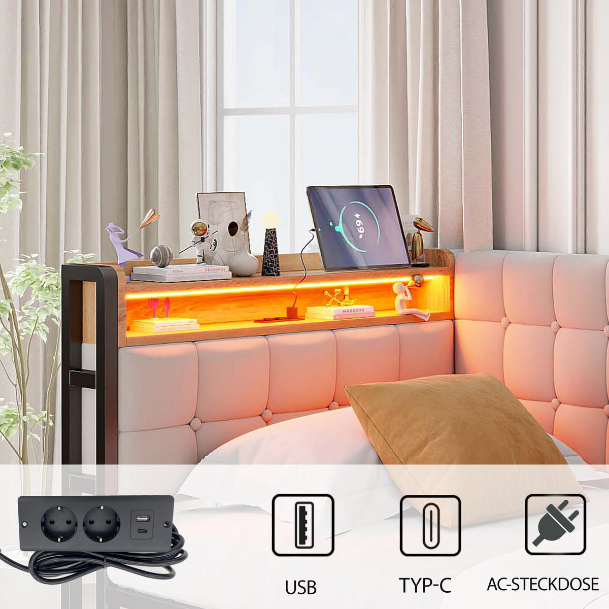 POLSTERBETT 90/200 cm Beige aus Samt mit 2 Schubladen und LED-Beleuchtung - Beige, Textil (90/200cm) - OKMYHOME