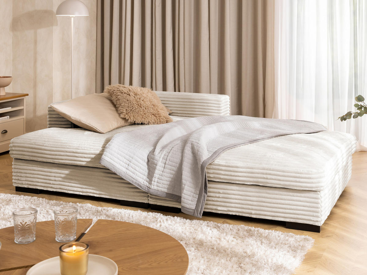 ECKSOFA Wolke mit tiefer Sitzfläche, Schlaffunktion und praktischem Bettkasten aus weichem Creme Cordstoff - Creme/Schwarz, Holz/Kunststoff (162/225cm) - S-Style