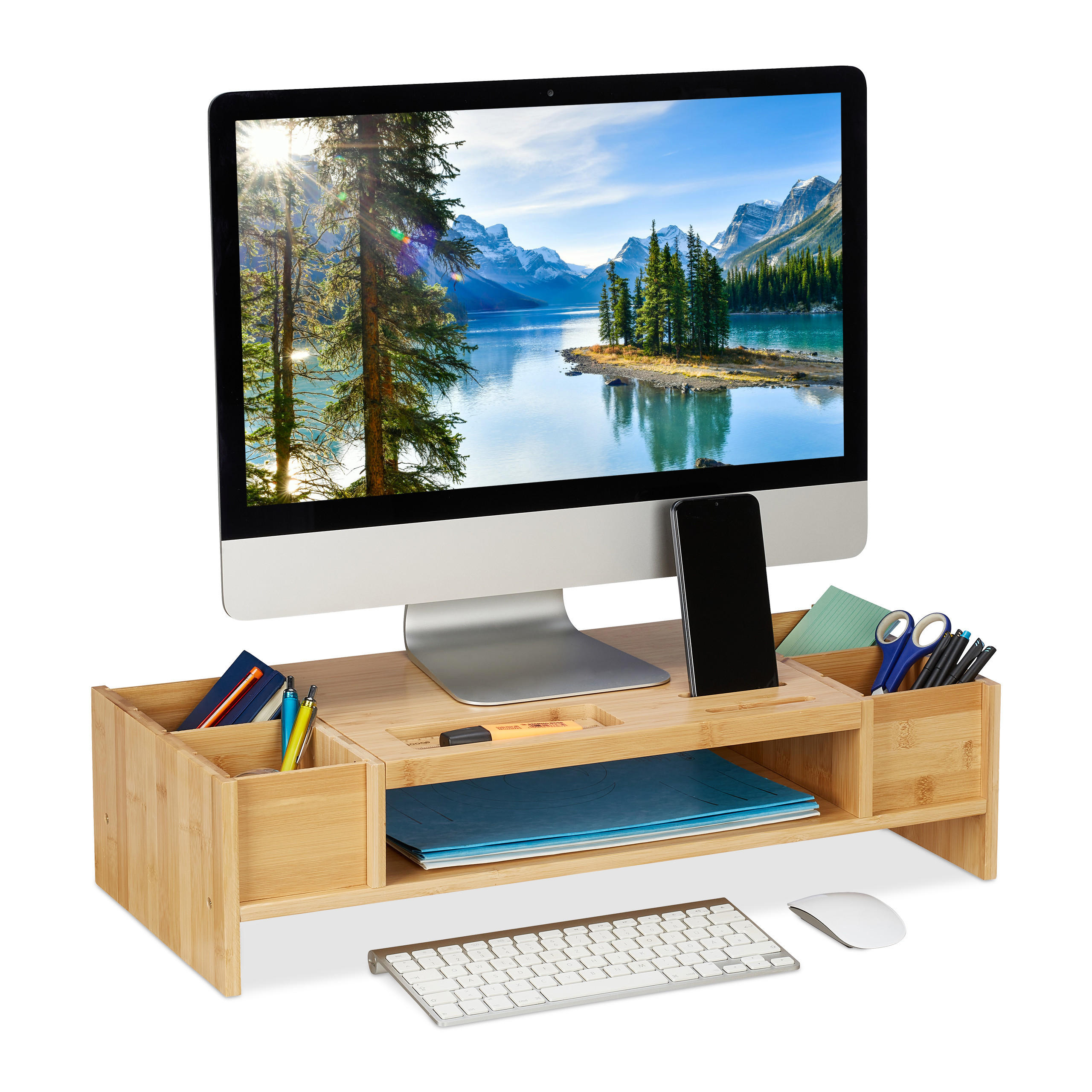 MONITORSTÄNDER Natur Bambus mit Fächern 62,5x28 cm - Hellbraun, Holz (28/62.5/15.5cm) - Relaxdays