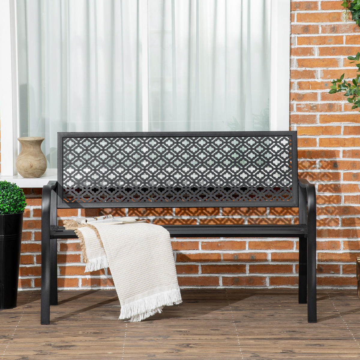SITZBANK MIT BLUMENMUSTER, max. 240 kg, 127 x 63 x 83 cm, Stahl, Schwarz - Schwarz, Metall (63/83/127cm) - Outsunny