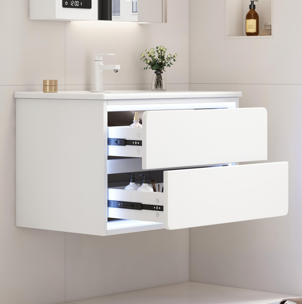 ZÁVĚSNÁ koupelnová skříňka z MDF 76x46x48,5 cm bílá s keramickým umyvadlem, LED senzorovým osvětlením a 2 zásuvkami - bílá, kompozitní dřevo (76/58.5/46cm) - Modfu