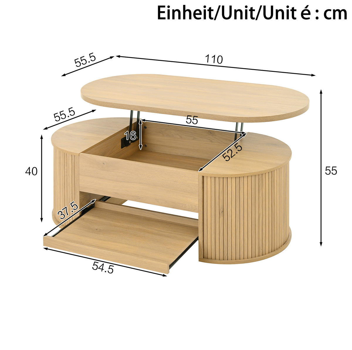 KONFERENČNÍ stolek 110/55,5/40 cm s výškově nastavitelnou deskou, úložným prostorem a výsuvnou policí, Přírodní - světle hnědá, kompozitní dřevo (110/55.5/40cm) - Redom