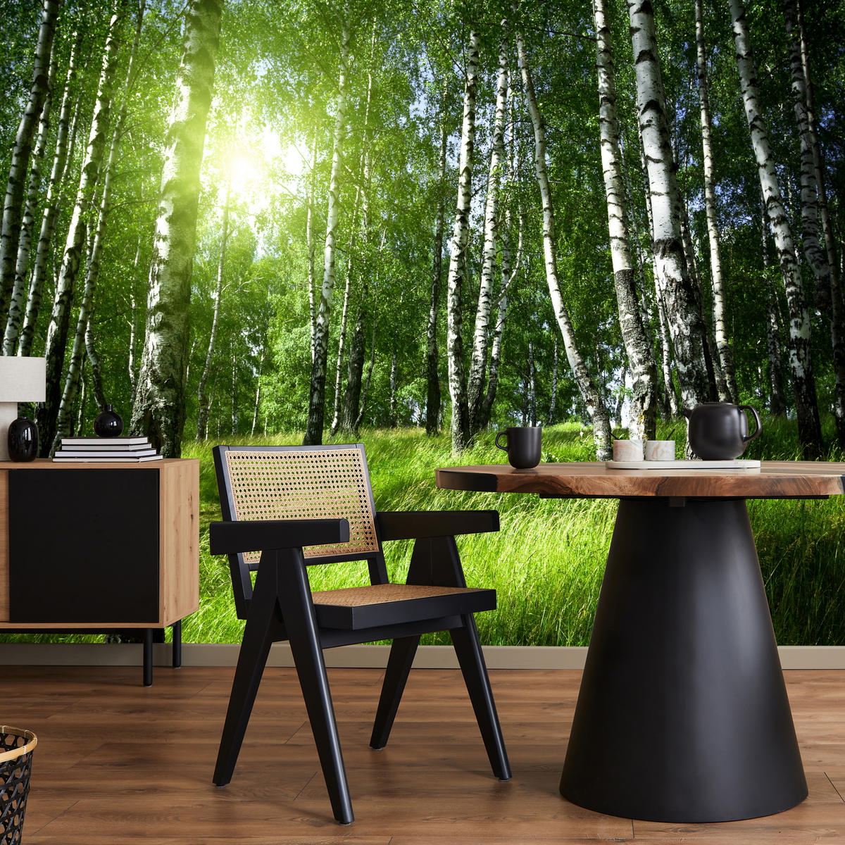 FOTOTAPETE für Wohnzimmer Grüner Birkenwald Gras Sonne Natur 200x140 - Schwarz/Weiß, Papier (200/140cm) - Muralo