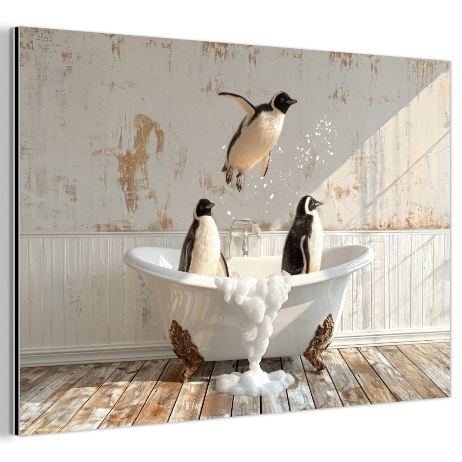 METALLBILD Vintage - Pinguin - Badewanne - Schaumstoff 60x40 cm - Schwarz, Metall (60/40cm) - MuchoWow