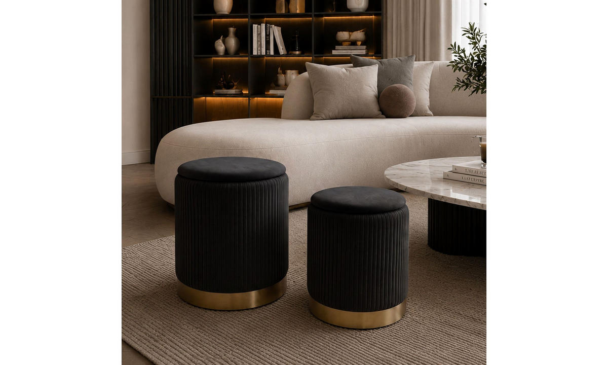 HOCKER-SET GEMINI 37/37/42 cm Schwarz - Goldfarben/Schwarz, Textil/Metall (37/42/37cm) - Lookway