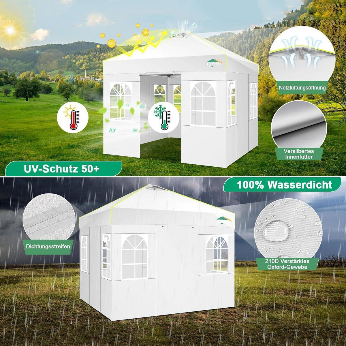 FALTPAVILLON 3x3m Weiß mit 4 Seitenwänden - Weiß, Textil (300/298.2/300cm)