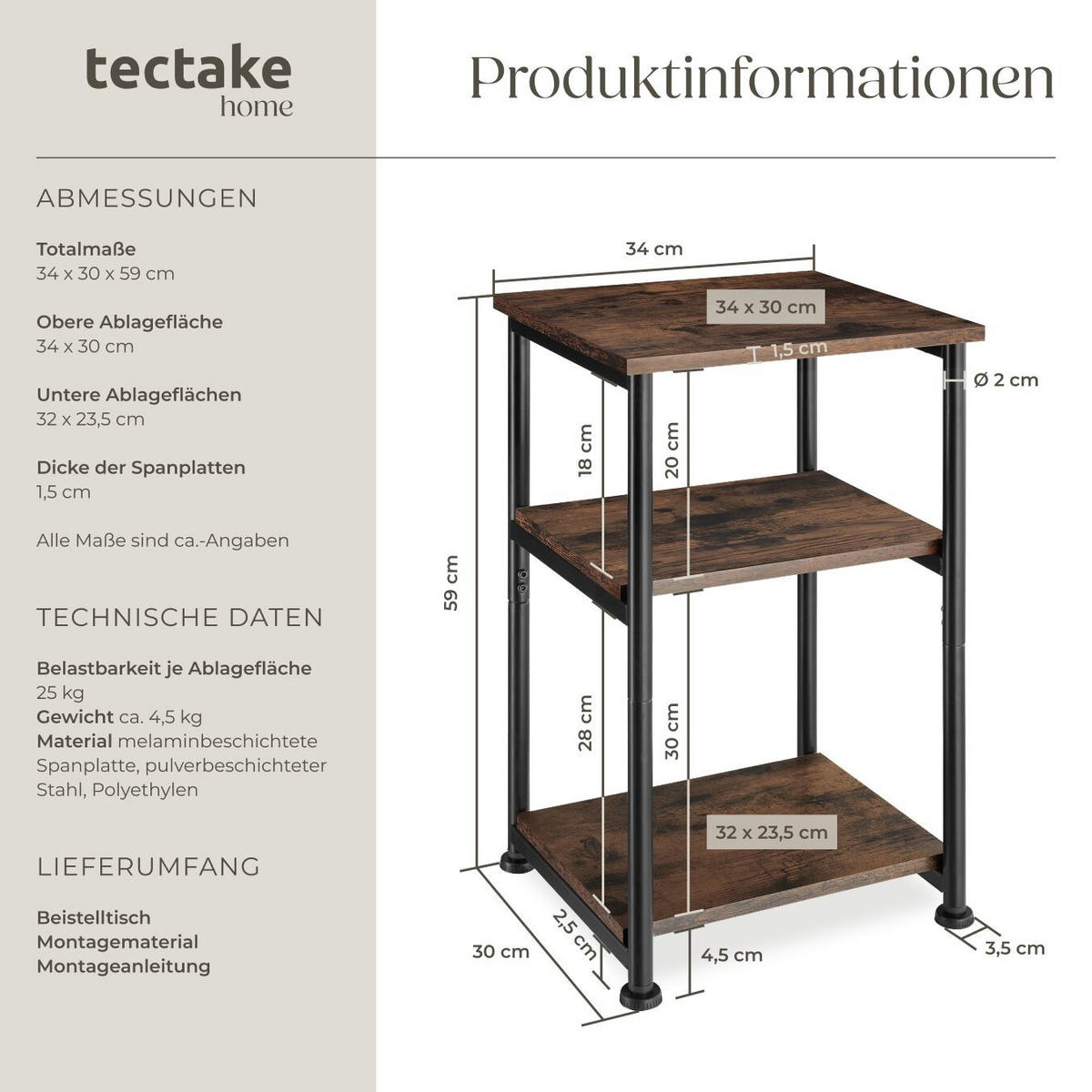 BEISTELLTISCH Memphis,34 x 30 x 59 cm,Industrial Holz dunkel, rustikal - Rostfarben, Holzwerkstoff (30/34/59cm) - tectake