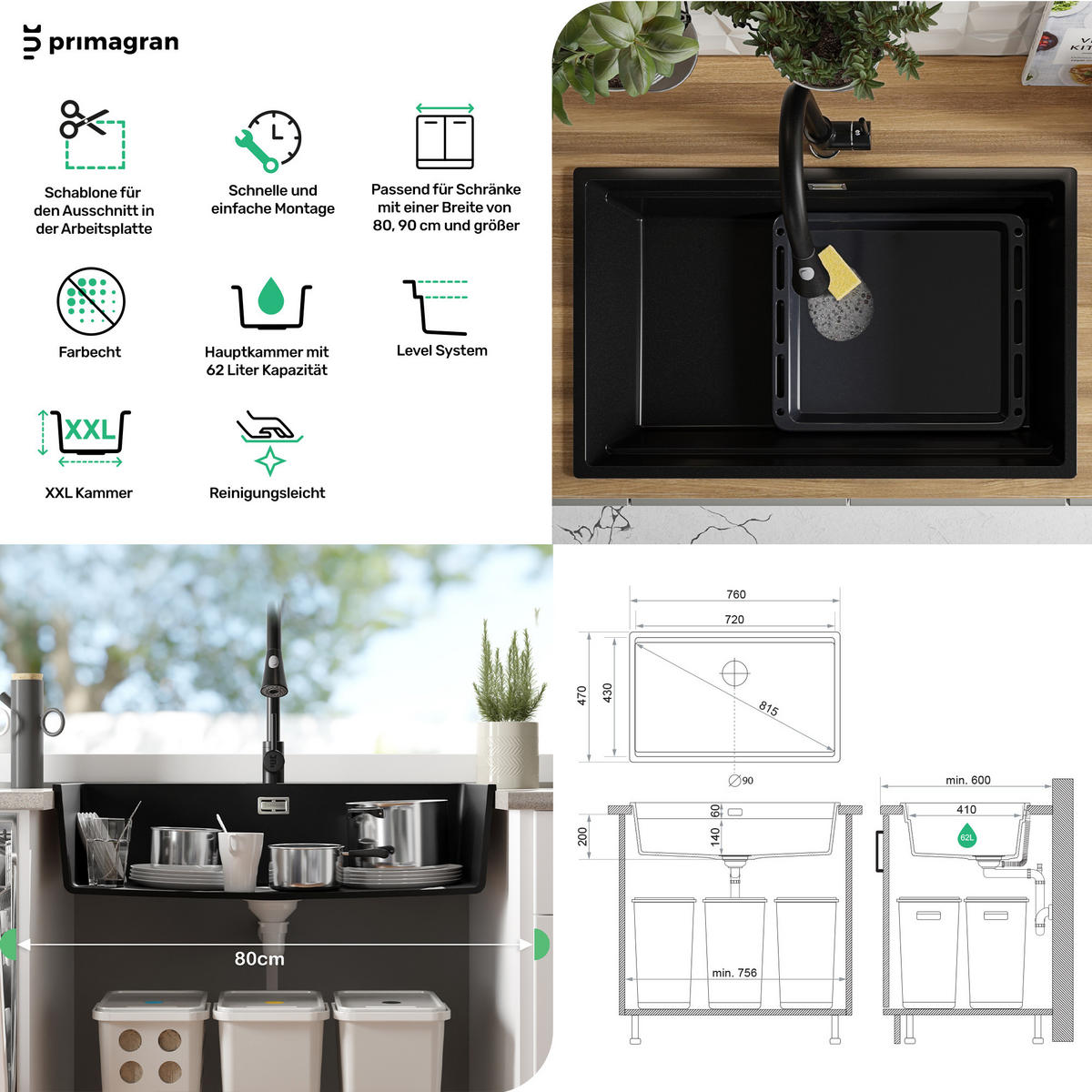 SPÜLBECKEN Praga Slim, 2-er set Beige 76/47 cm 1 Becken + Ablauf-Set + Aufrollbare Abtropffläche ab 80er Unterschrank - Chromfarben/Beige, Kunststoff (76/20/47cm) - Primagran