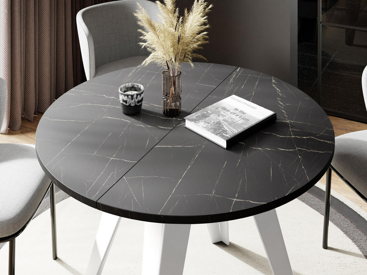 ESSTISCH Griffin runder ausziehbarer, Marmor Schwarz 100-140/100/76 cm - Anthrazit/Weiß, Holzwerkstoff/Metall (100/100/76cm) - WFL GROUP