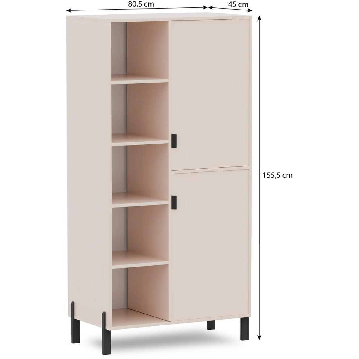 BÜCHERREGAL Cortina mit 2 Türen und 4 offenen Regalen, rechts, Sandbeige - Sandfarben/Schwarz, Holzwerkstoff (80.5/155.5/45cm) - Beautysofa