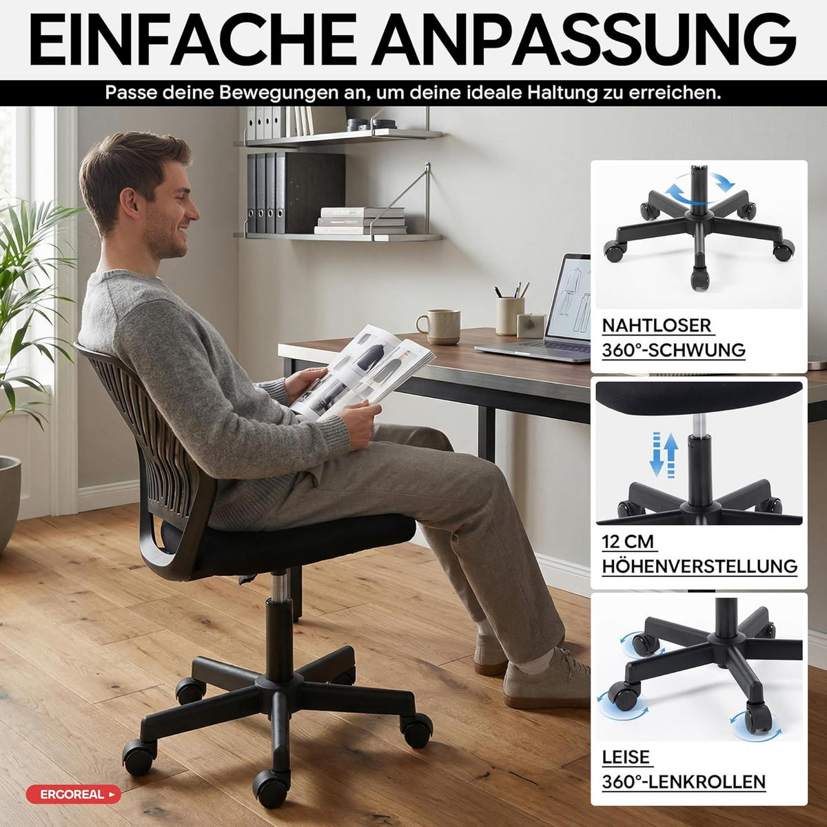 BÜROSTUHL Ergonomischer ohne Armlehne, mit Rollen & Höhenverstellung - Schwarz, Metall (55/79/55cm)