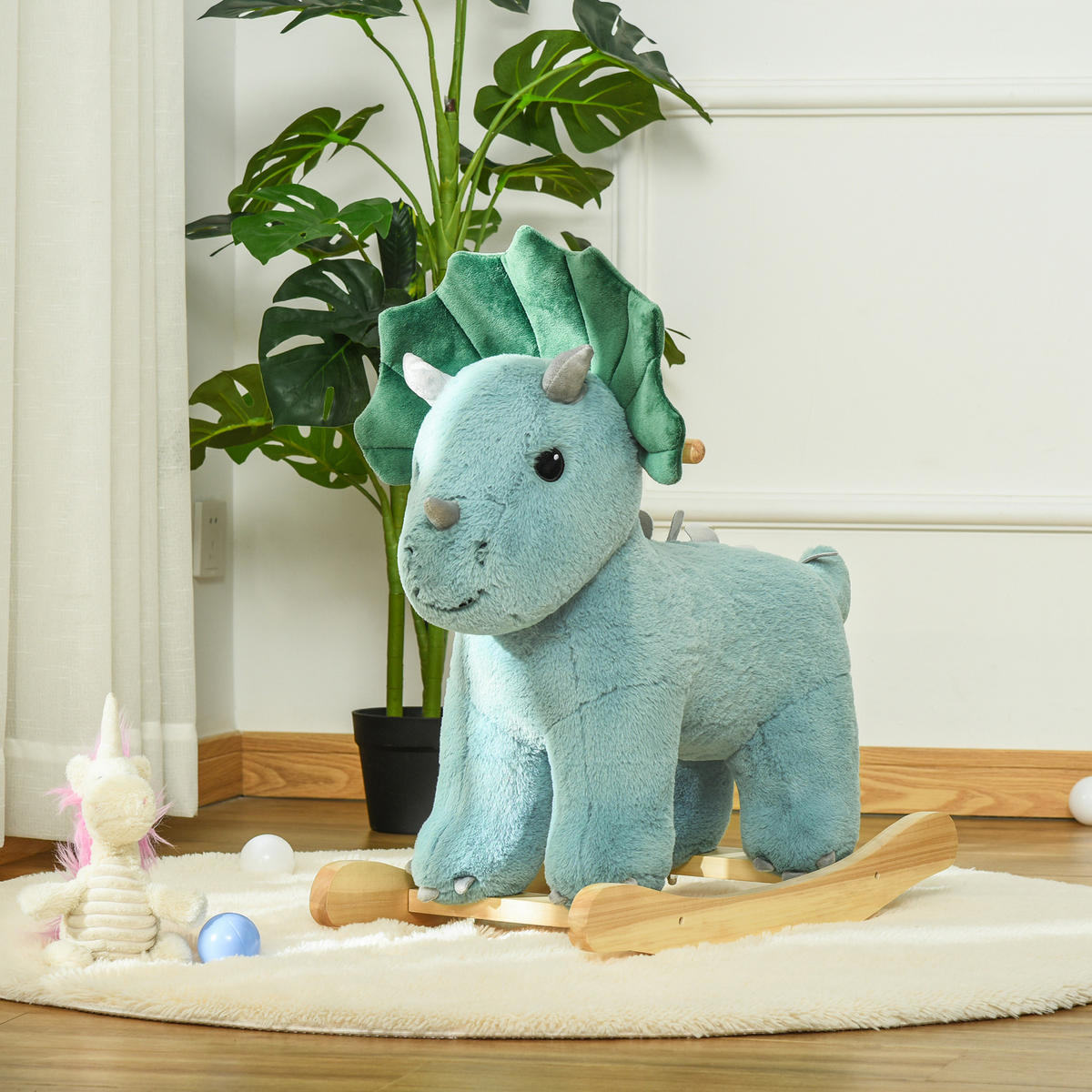 SCHAUKELPFERD Plüsch Schaukeltier Babyschaukel Triceratops-Design Dunkelgrün - Dunkelgrün, Holz (30/54/64cm) - HOMCOM