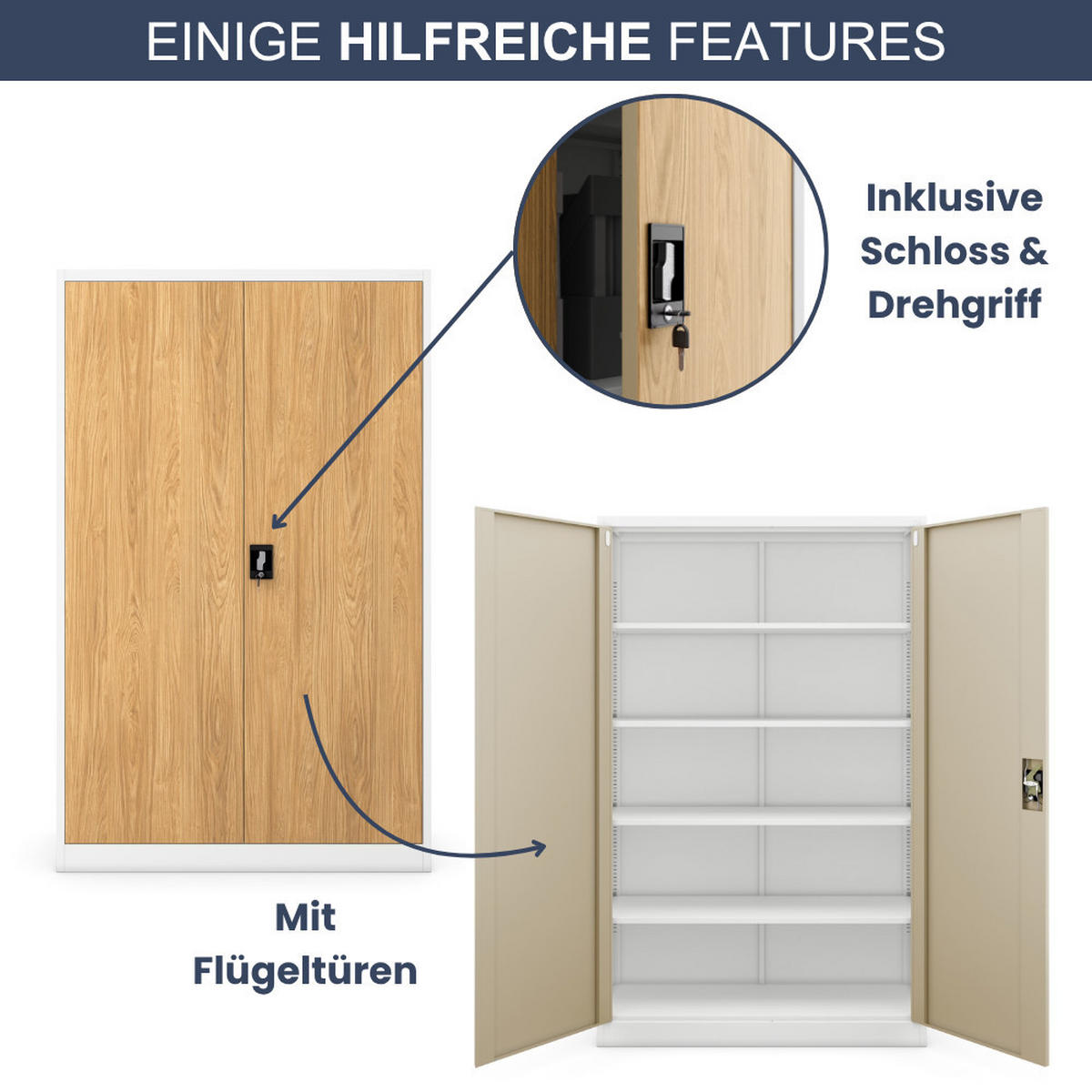 AKTENSCHRANK abschließbar KADO Flügeltüren 185x115x40cm Weiß-Goldene Eiche - Weiß, Metall (115/185/40cm) - DELUKE