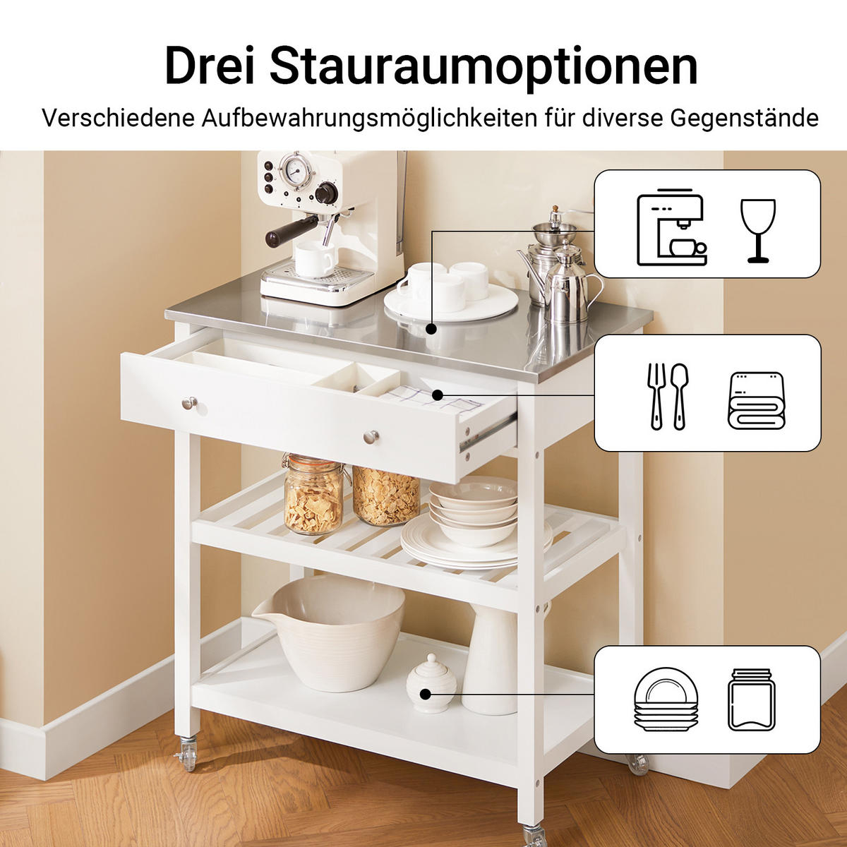 SERVIERWAGEN mit Arbeitsplatte, Weiß, 81x90x45cm - Weiß, Holzwerkstoff (100/92/45cm) - SoBuy