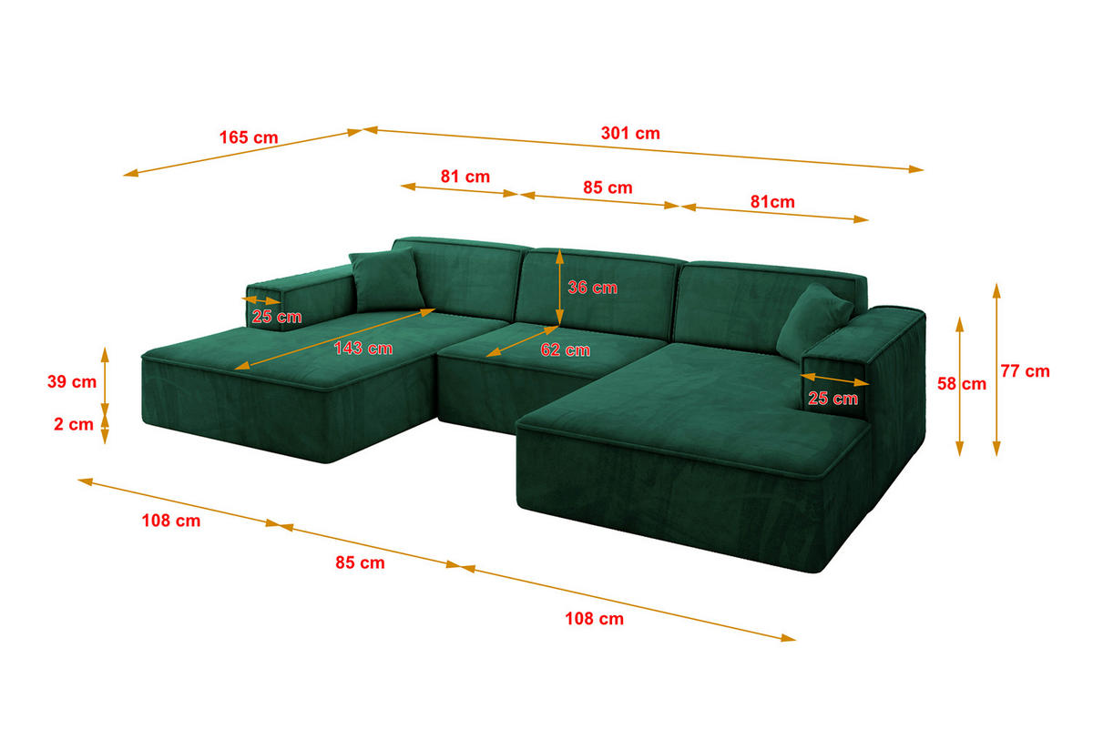WOHNLANDSCHAFT IREA-U1-v4 - 301x165x77 cm Grün - Dunkelgrün, Holzwerkstoff/Textil (301/77/165cm) - ALTDECOR
