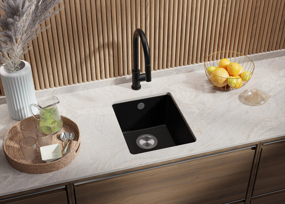UNTERBAUSPÜLE GRANIT Venedig Easy, 2-er set Schwarz Metallic 36/44 cm 1 Becken + Ablauf-Set ab 40er Unterschrank - Chromfarben/Schwarz Hochglanz, Kunststoff (36/20/44cm) - Primagran