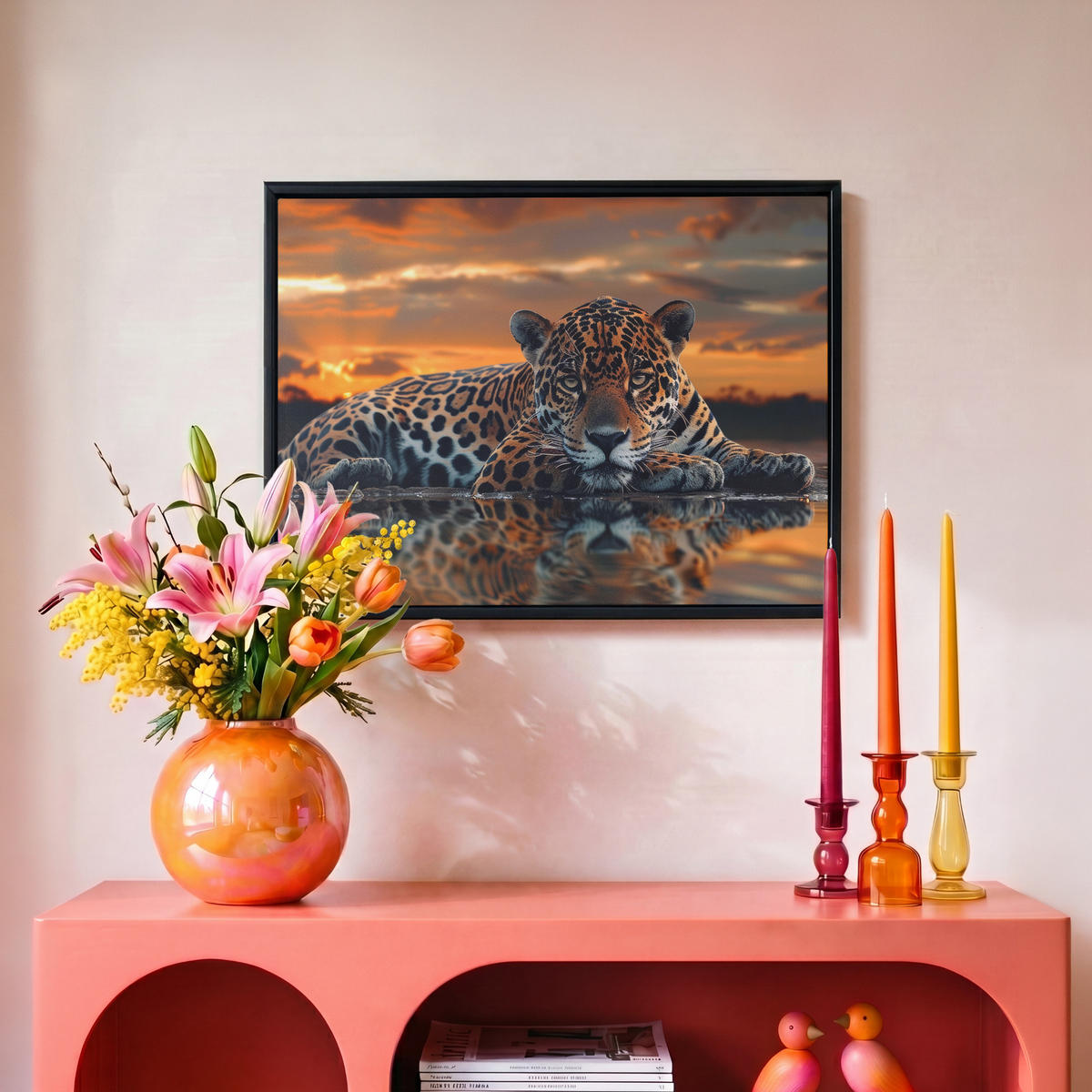LEINWAND Bilder mit Rahmen - Natur - Leopard - Tier - Sonnenuntergang - Modern - 40x30 - Orange, Textil (40/30cm) - MuchoWow