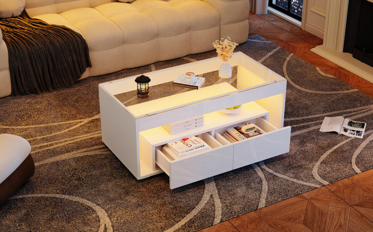 COUCHTISCH, Hochglanz Weiß mit 2 Schubladen, LED-App-gesteuert, gehärtetes Glas, 100/50/40 cm,Weiß - Weiß, Holzwerkstoff (100/50/40cm) - Redom