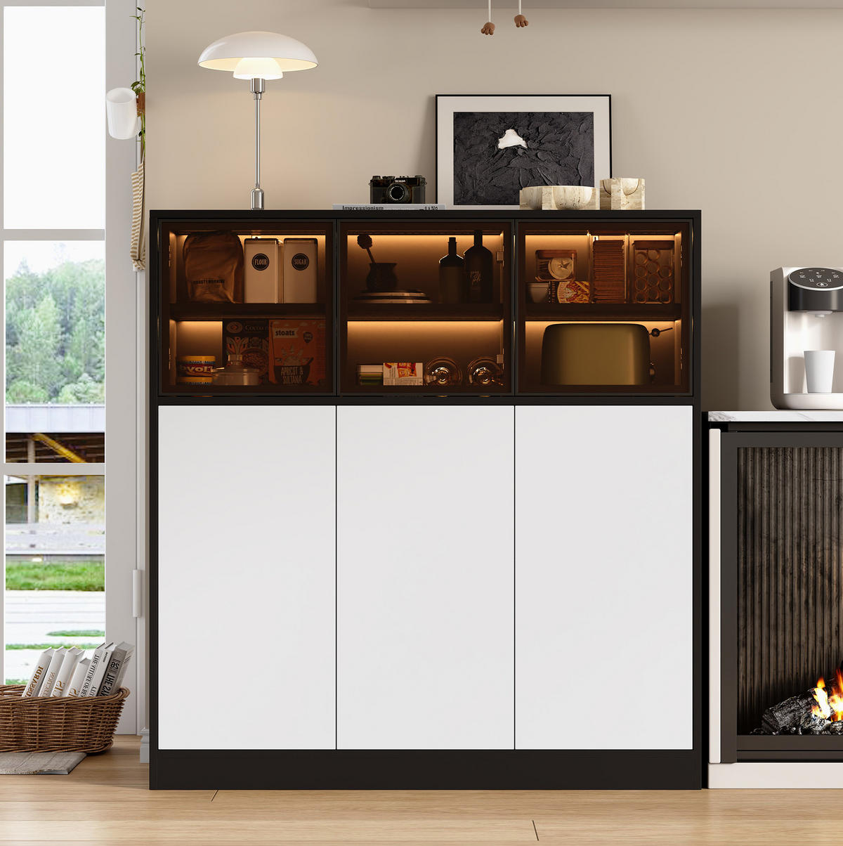 SIDEBOARD 100/40/105 cm schwarz/weiß aus Glas und Spanplatte mit LED - Schwarz, Glas (100/105/40cm) - OKWISH