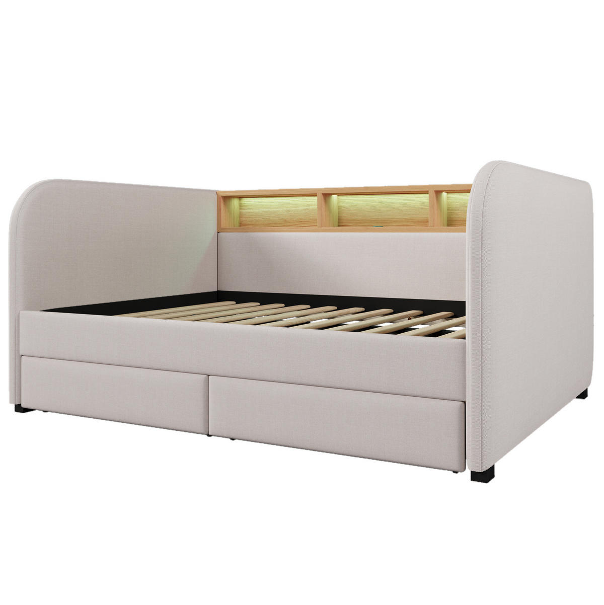 ČALOUNĚNÁ postel 140/190 cm, světle béžová, len, LED osvětlení a USB-C - béžová, textil (140/190cm) - BEAOK