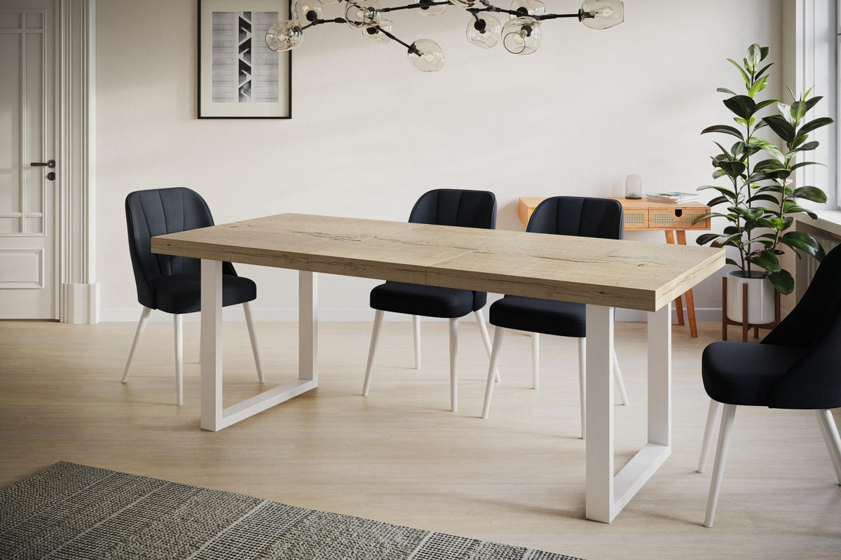 ESSZIMMERTISCH LOFT-U, ausziehbarer Tisch 120-220X80X77 cm, Farbe: HALIFAX, mit Metallbeinen in Farbe Weiß - Weiß/Naturfarben, Holzwerkstoff (120/80/77cm) - Alpi-Möbel