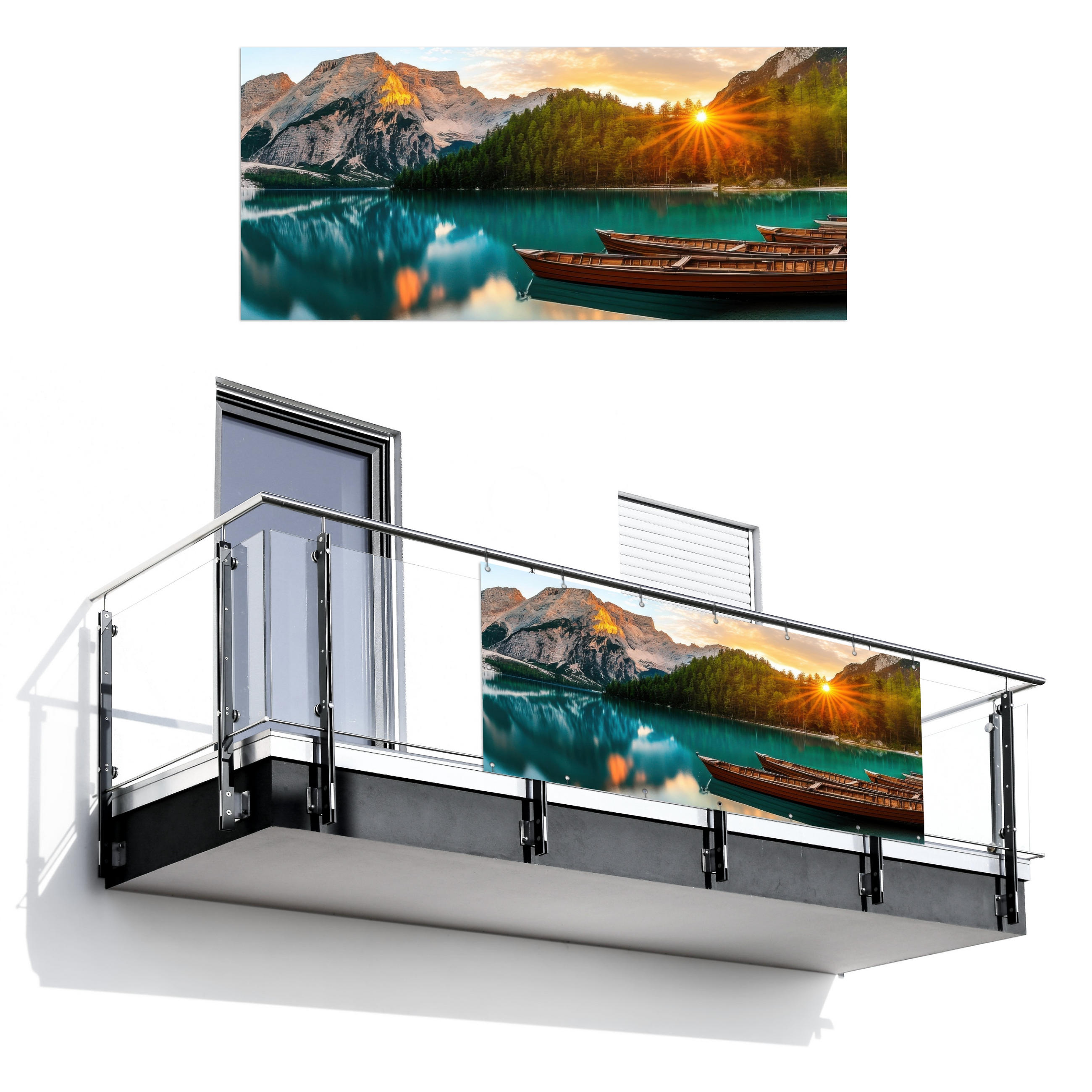 BALKON-SICHTSCHUTZ See - Berge - Sonnenuntergang - Boot - Petrol, Kunststoff (200/90cm) - MuchoWow