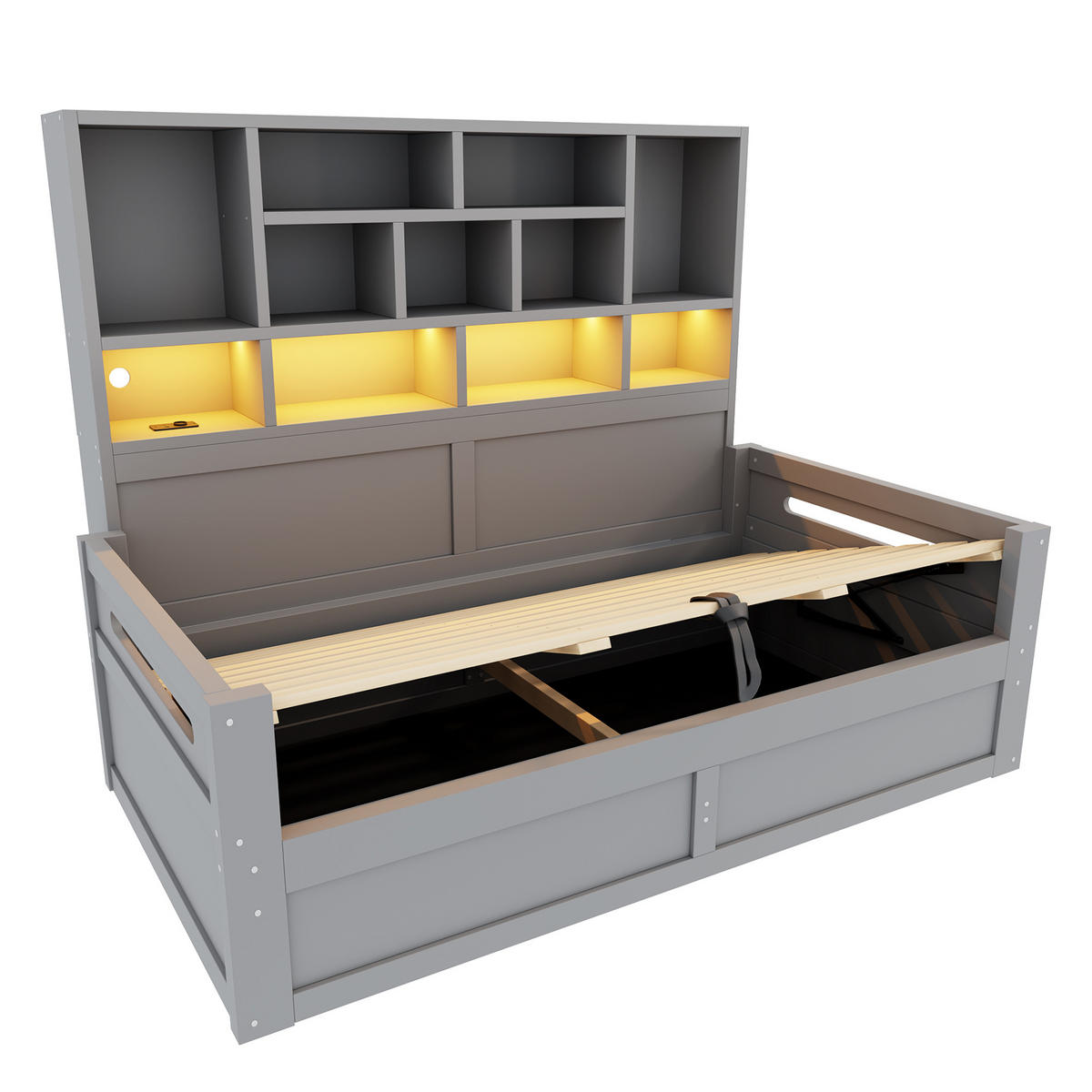 STAURAUMBETT 90/200 cm mit hydraulischem Stauraum und LED, DE-41642, in Grau - Grau, Holzwerkstoff (90/200cm) - ComfortXL