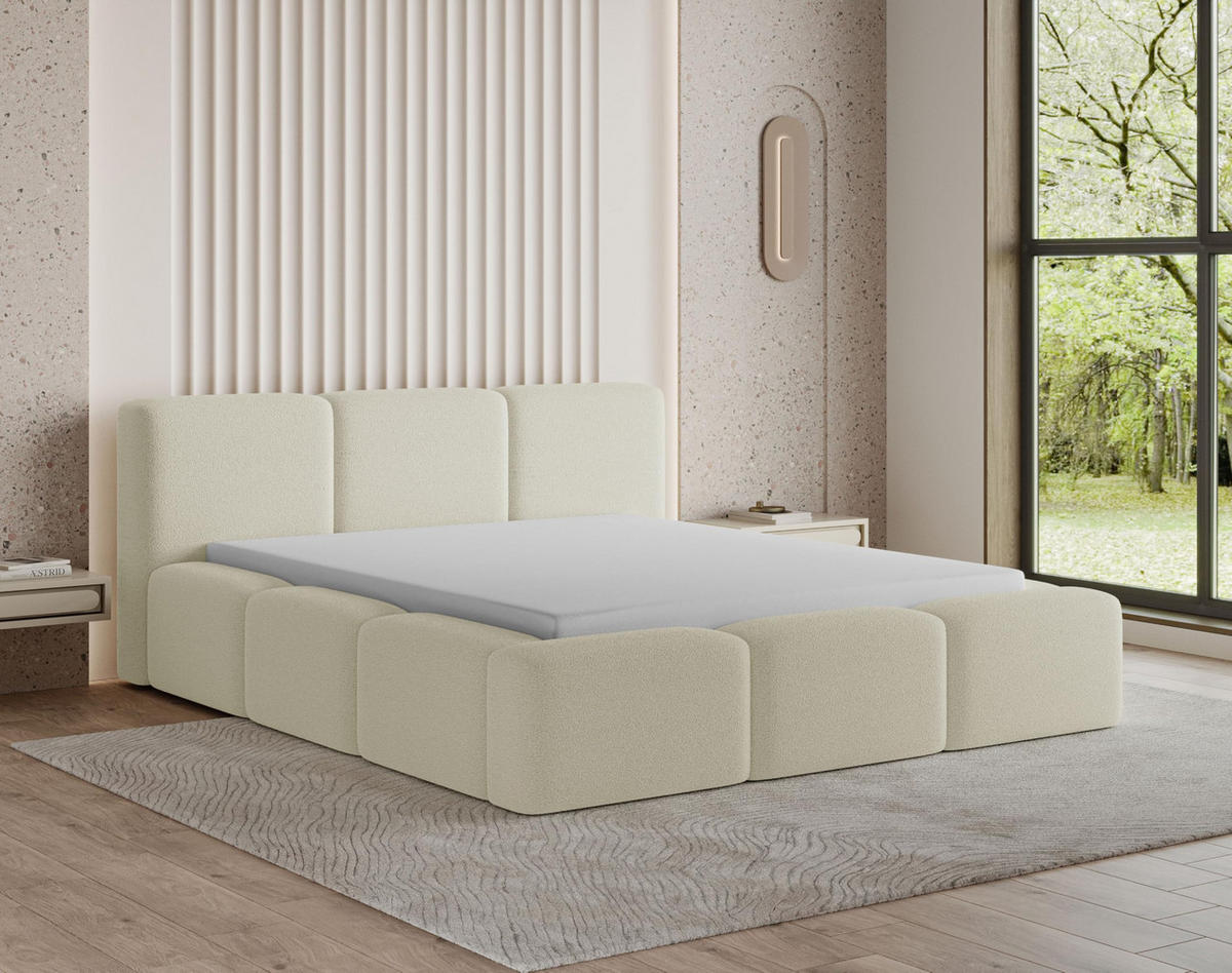 POLSTERBETT 180x200 mit Bettkasten, Lattenrost und Kopfteil, Eleganter Bouclé-Stoffbezug Beige - Beige, Holz (180/200cm) - Chilly