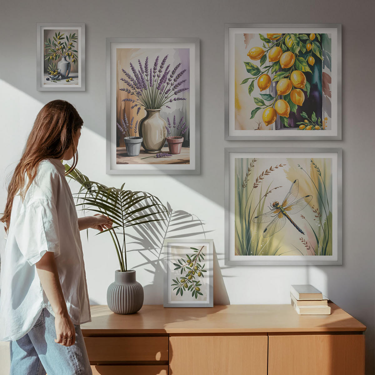 WANDBILDER 5er Set - 50x50 cm & 20x30 cm & 40x60 cm Silberner Rahmen - Lavendelblüten und Architektur - Silberfarben, Kunststoff (40/60cm) - ArtPrintCave