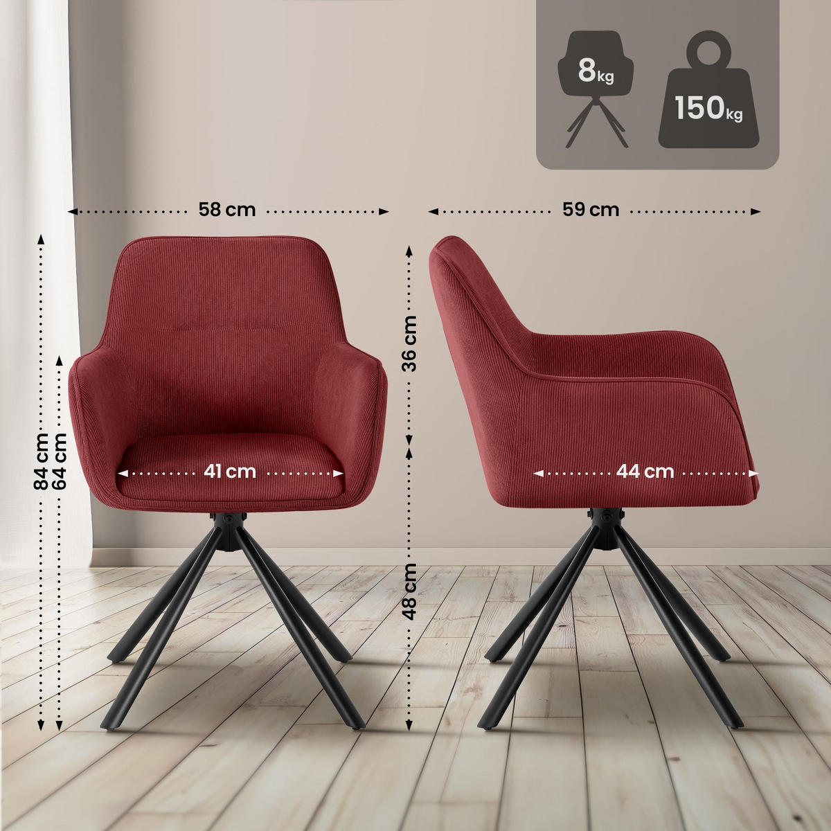 ARMLEHNENSTUHL Cord Bordeauxrot - Bordeaux/Schwarz, Textil/Metall (58/84/59cm) - CLP