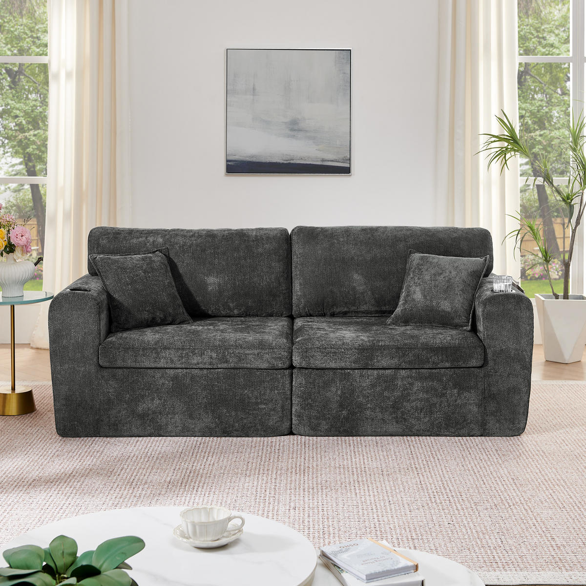 2-SITZER SOFA Chenille Schwarz mit USB, Magazintasche, Getränkehalter und Kissen - Schwarz, Textil (220/89/100cm) - WISHDOR