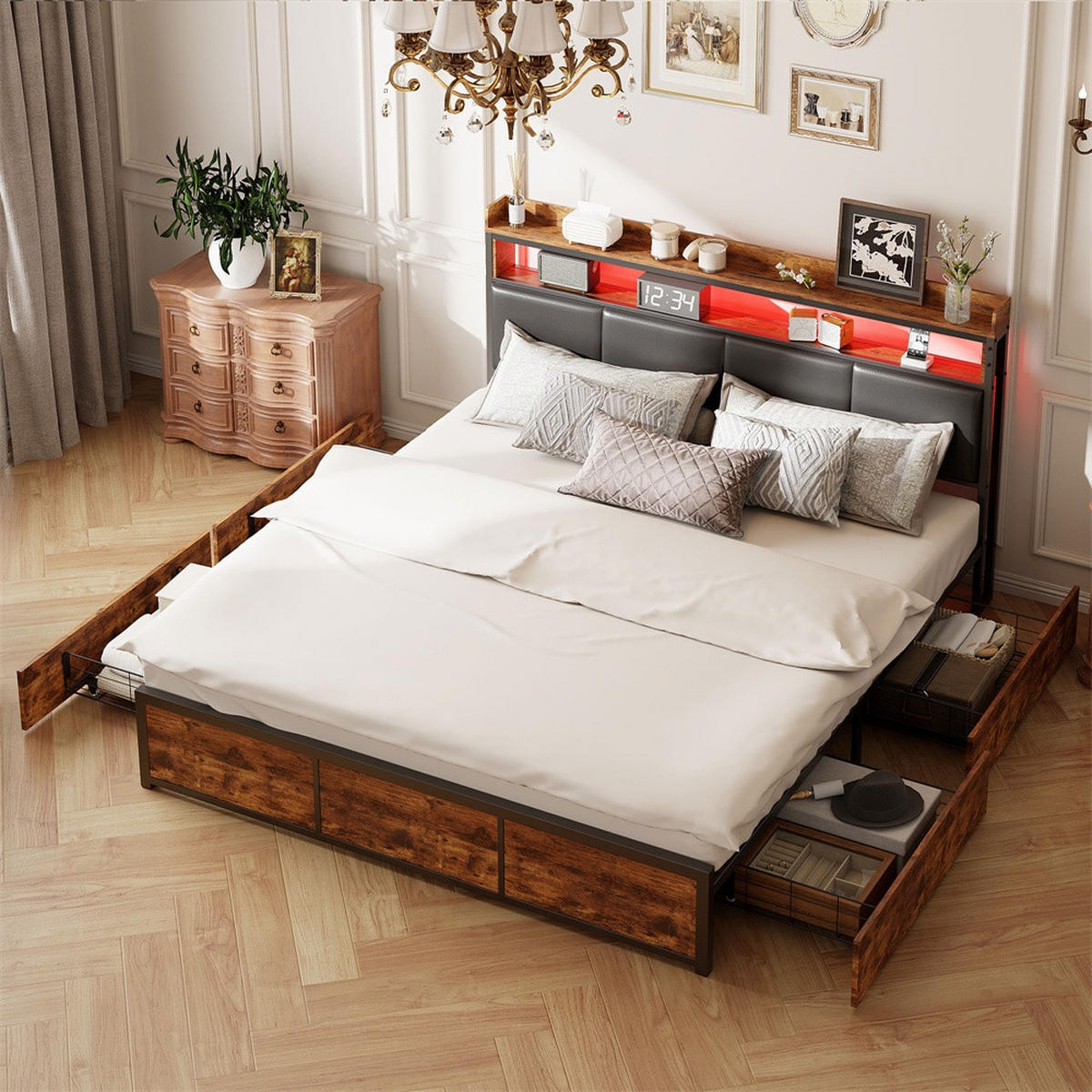 METALLBETT 140x200 cm - Kopfteil Regal & LED Beleuchtung - 4 Schubladen - ohne Matratze - Schwarz & Braun - Braun, Metall (140/200cm) - DELFA