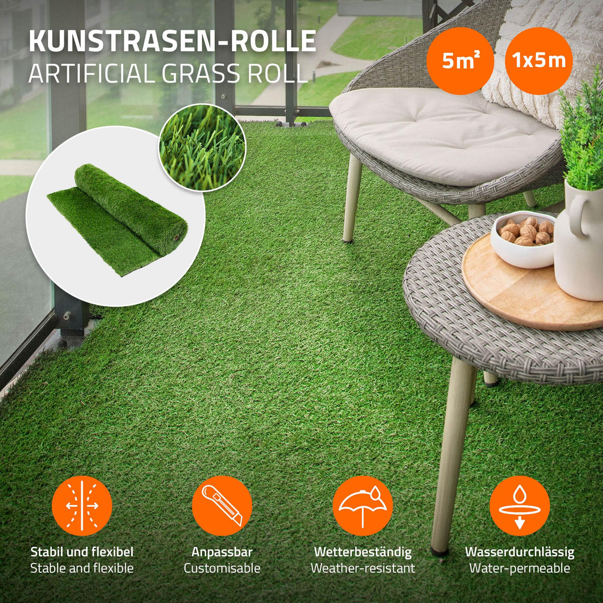 KUNSTRASEN-ROLLE 100x500 cm 5m² Grün 35mm aus Kunststoff - Grün, Kunststoff (100/500cm) - ECD-Germany