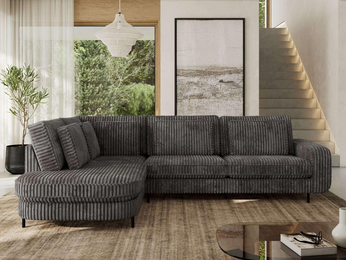 ROHOVÁ SEDAČKA CALENO L - Šedá Manšestr - Pravá Strana - šedá/černá, kov/textil (317/225cm) - MKS