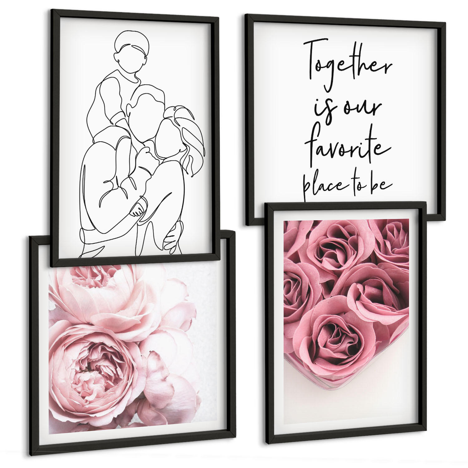 BILDER SET 4er Set - 50x50 cm & 40x60 cm Schwarzer Rahmen - Rosensträuße als Familienzeichnung - Schwarz, Kunststoff (50/50cm) - TULUP