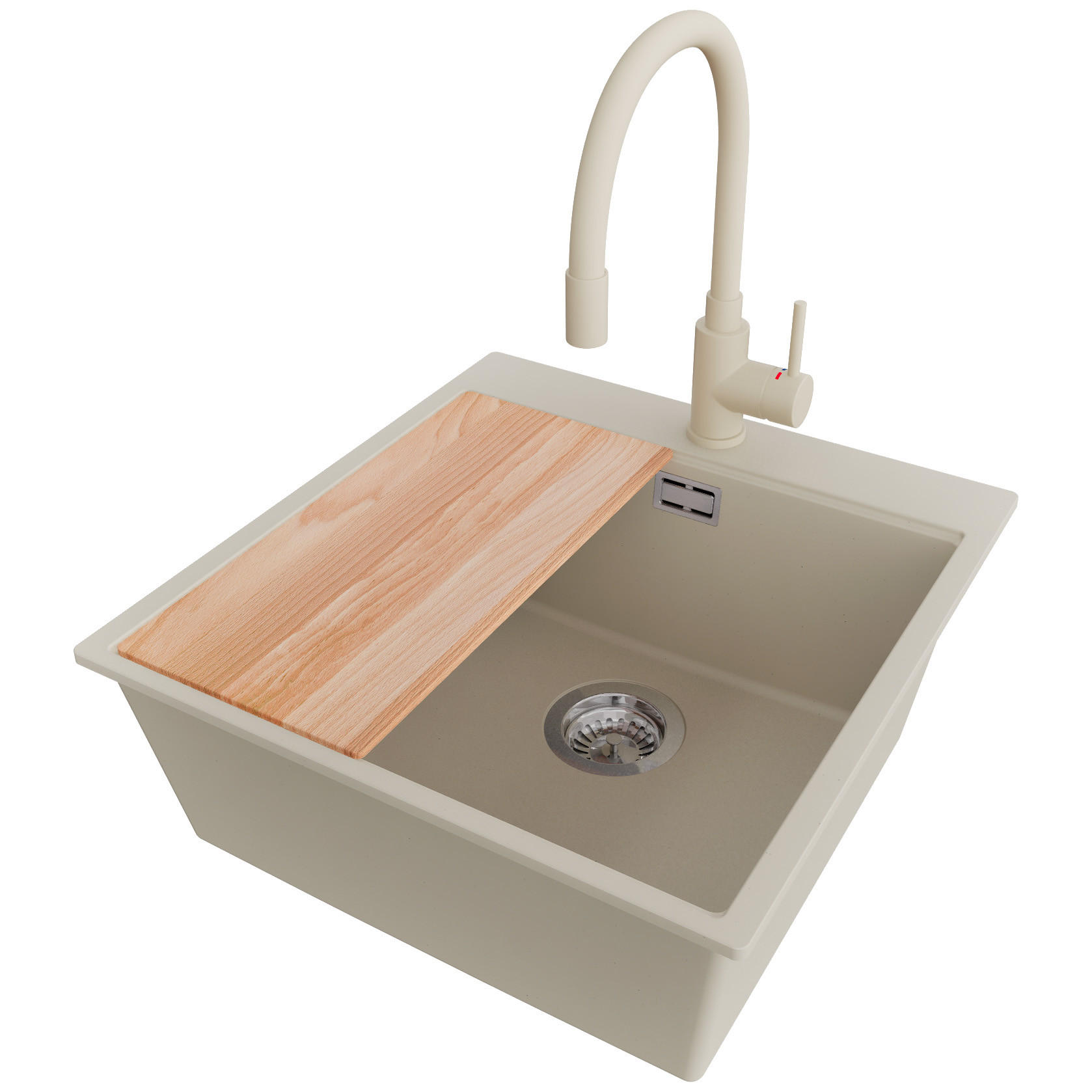 GRANITSPÜLE Oslo, 4-er set Beige 48/50 cm, 1 Becken + Küchenarmatur 38/14 cm + Ablauf-Set + Schneidebrett ab 50er Unterschrank - Chromfarben/Beige, Kunststoff (48/20/50cm) - Primagran