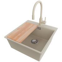 GRANITSPÜLE Oslo, 4-er set Beige 48/50 cm, 1 Becken + Küchenarmatur 38/14 cm + Ablauf-Set + Schneidebrett ab 50er Unterschrank - Chromfarben/Beige, Kunststoff (48/20/50cm) - Primagran
