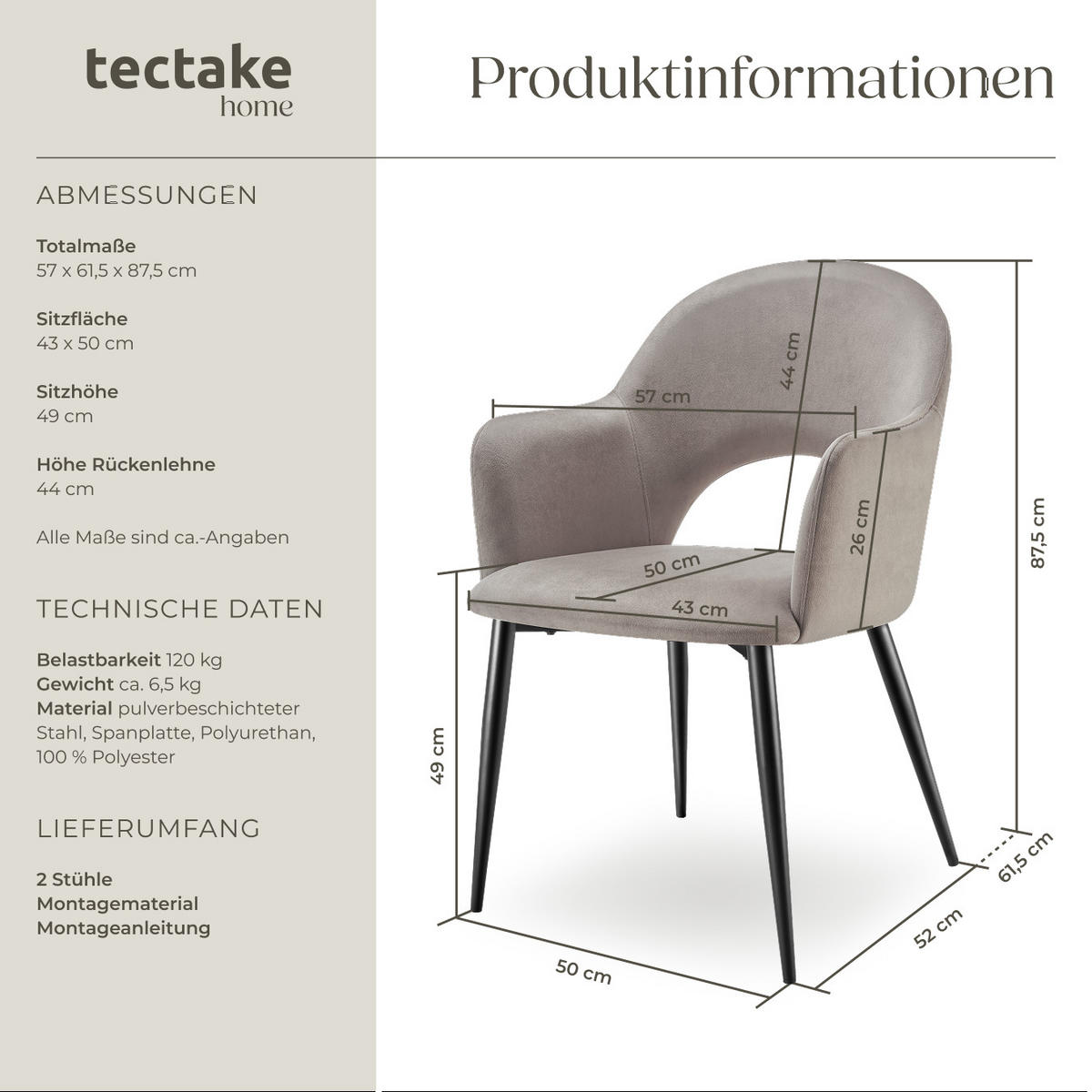 ARMLEHNSTUHL 2er Set Sachel 57 x 61 5 x 87 5 cm taupe - Taupe, Kunststoff (57/87.5/61.5cm) - tectake