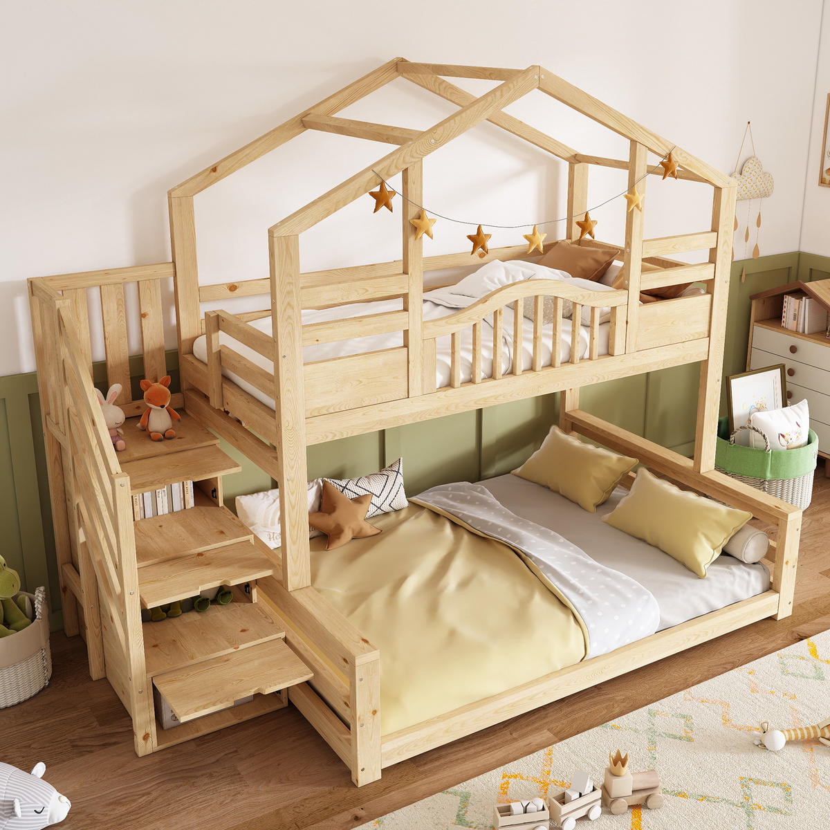 ETAGENBETT 90/200+140/200 mit Treppenschrank, Regalen und Sicherheitsgeländer - Naturfarben, Holz/Holzwerkstoff (140/200cm) - EVRYAE