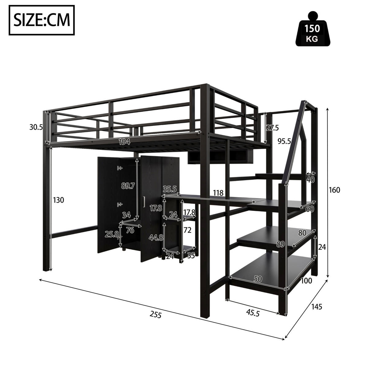 HOCHBETT aus Metall und MDF 140x200 cm Schwarz mit Kleiderschrank, Regalen, Ablageleiter und Schreibtisch - Schwarz, Metall (90/180cm) - Modfu