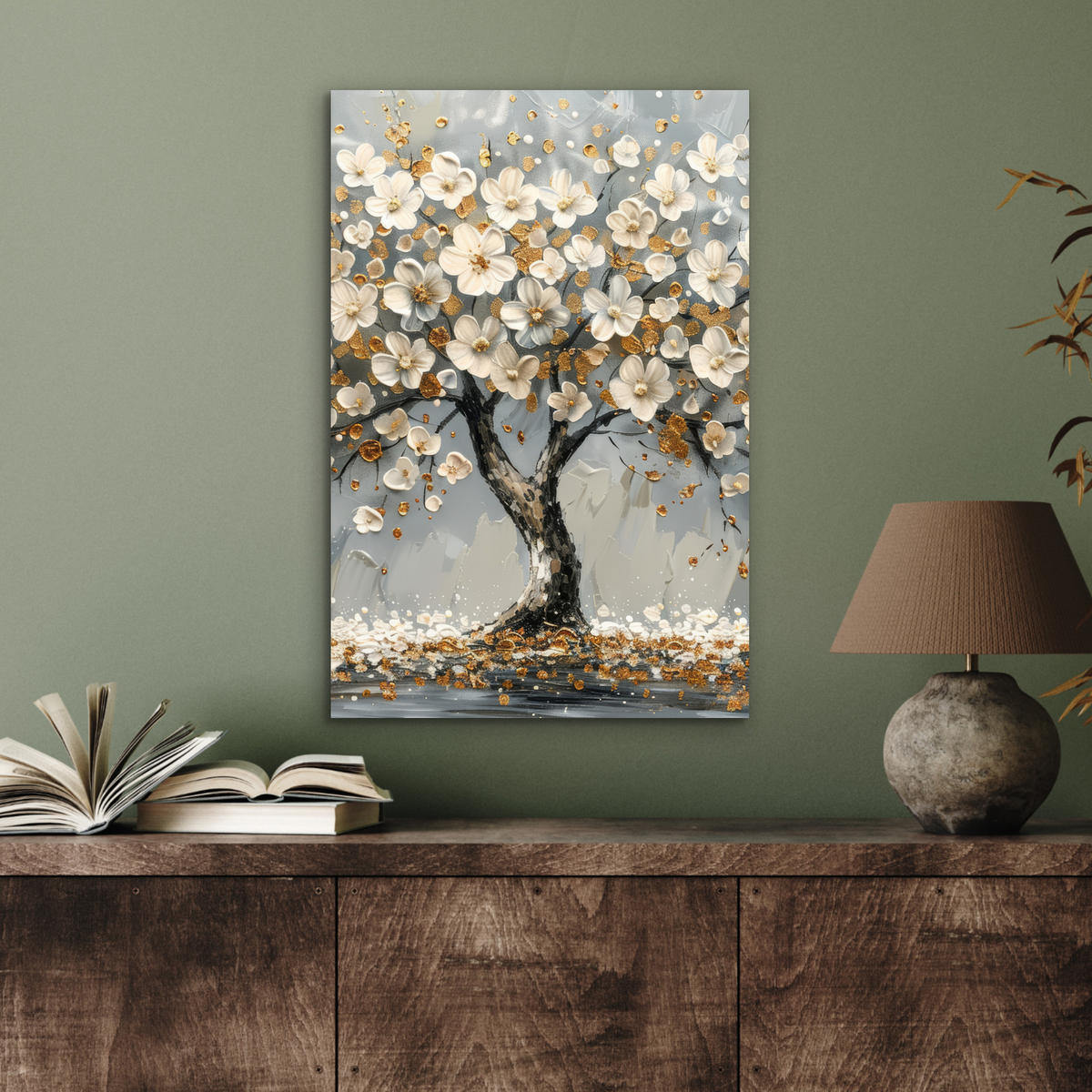 METALLBILD Baum - Blumen - Weiß - Natur - Kunst 40x60 cm - Weiß, Metall (40/60cm) - MuchoWow