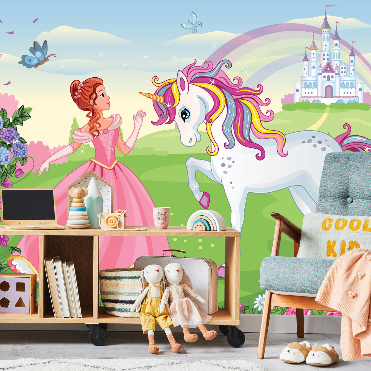 FOTOTAPETE für Kinderzimmer Prinzessin Einhorn Schloss Blumen 400x280 - Blau/Gelb, Papier (400/280cm) - Muralo